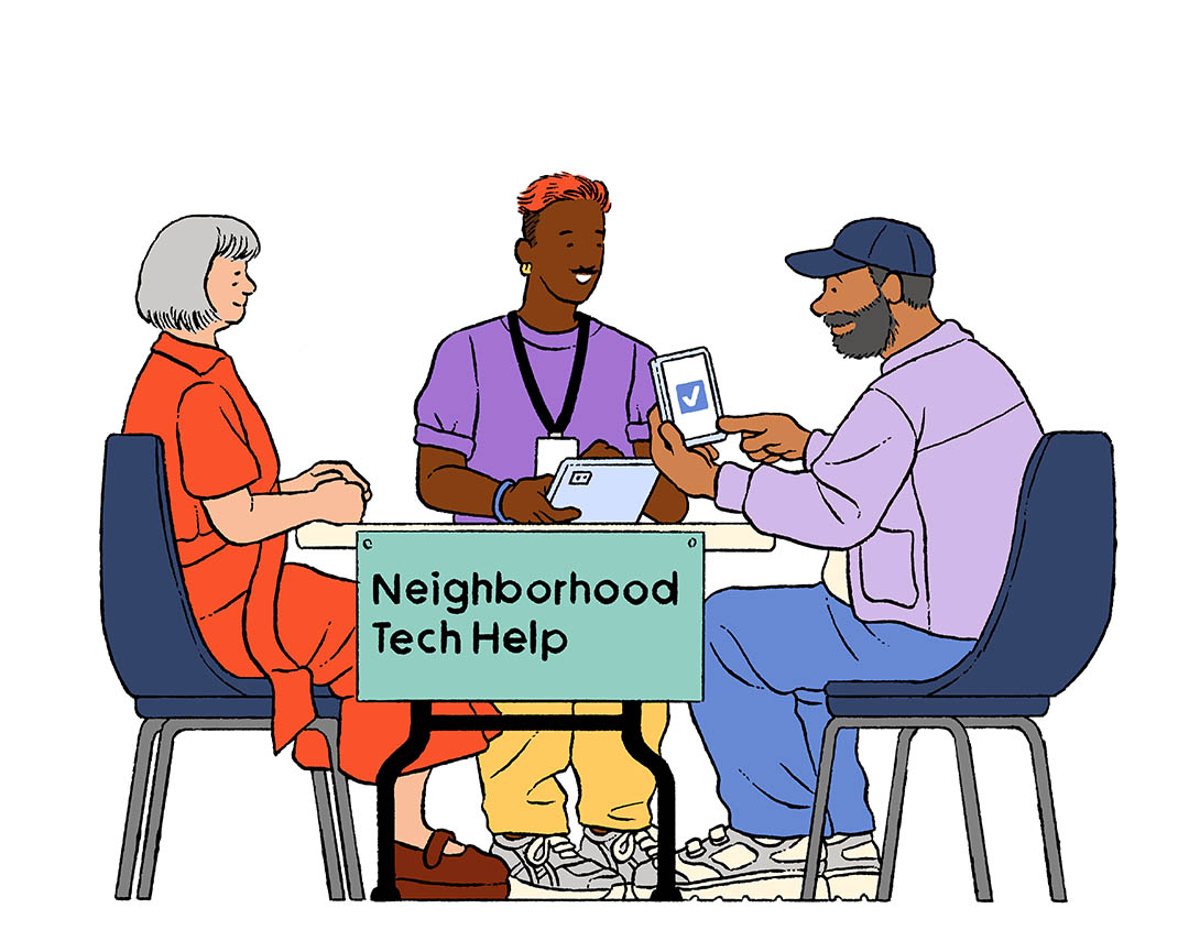 Graphic of 3 people sitting around a table receiving tech help